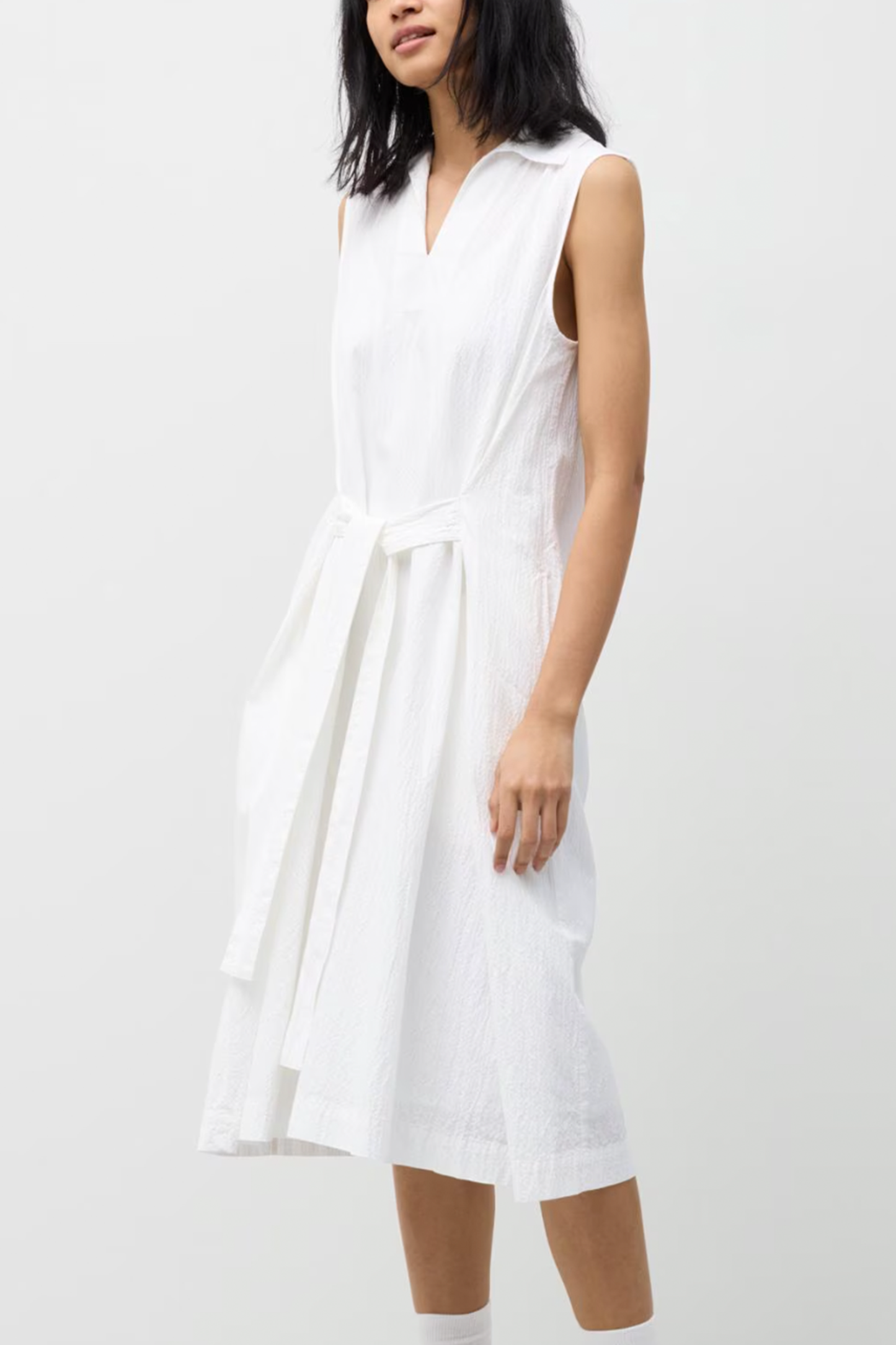 Seersucker Cotton Belted Sleeveless Dress
