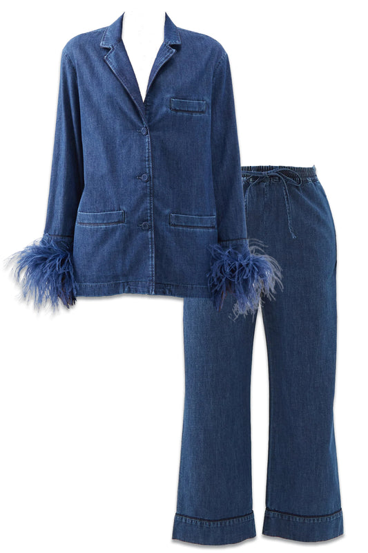 Ostrich-feather Cuffs Denim Shirt and Tie-waist Wide-leg Cropped Jeans