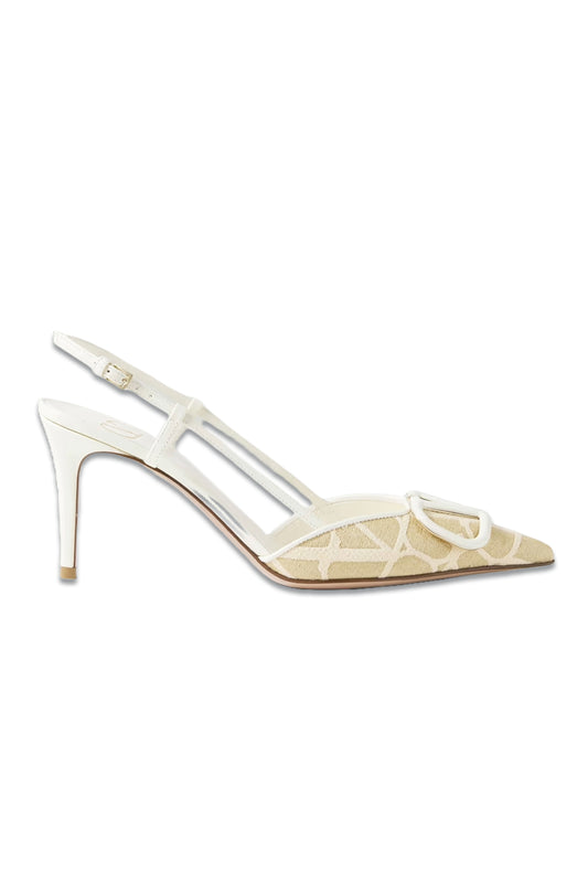 VLOGO 80 Embellished Leather-trimmed Raffia-jacquard Slingback Pumps