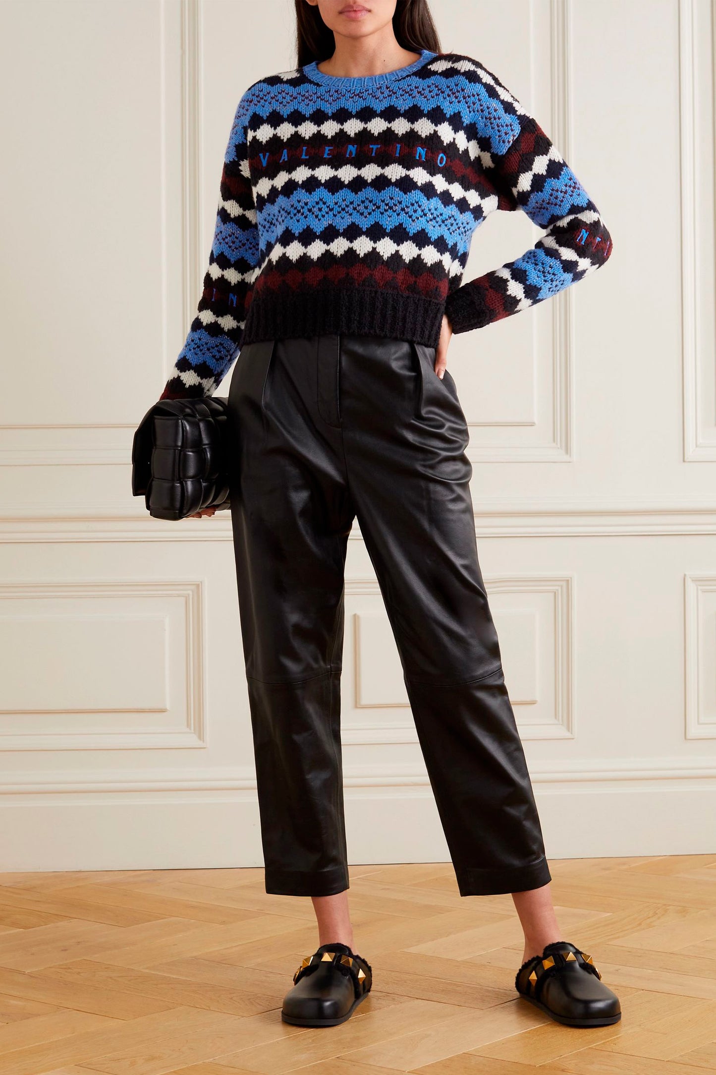 Cropped embroidered metallic wool sweater