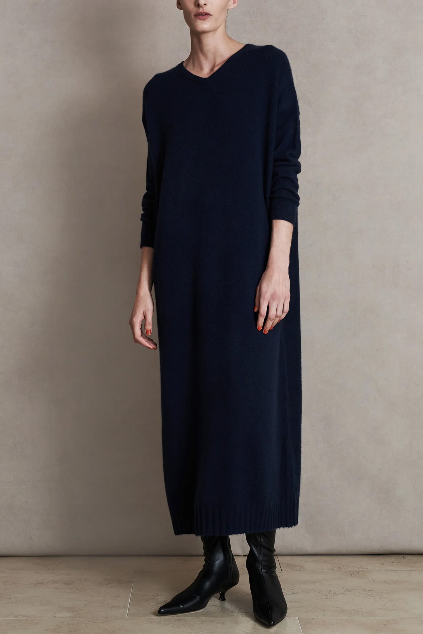 Navy V Neck Cashmere Maxi Dress