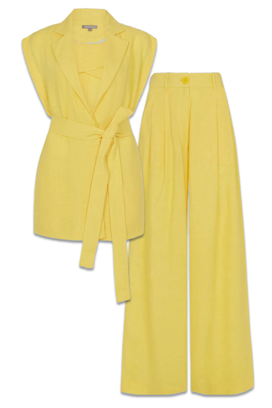 Primrose Linen Sleeveless Belted Wrap Jacket and Wide Leg Trousers