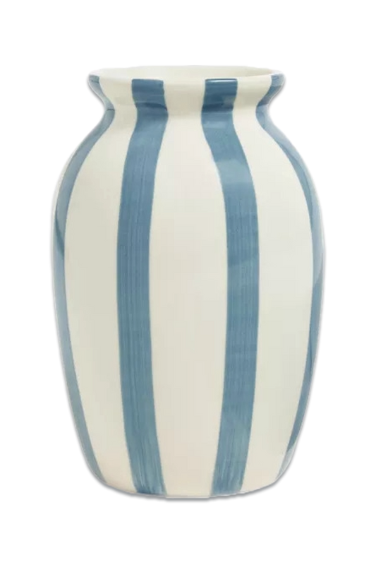 Hand Painted Striped Stoneware Vase, H18cm, Haze Blue