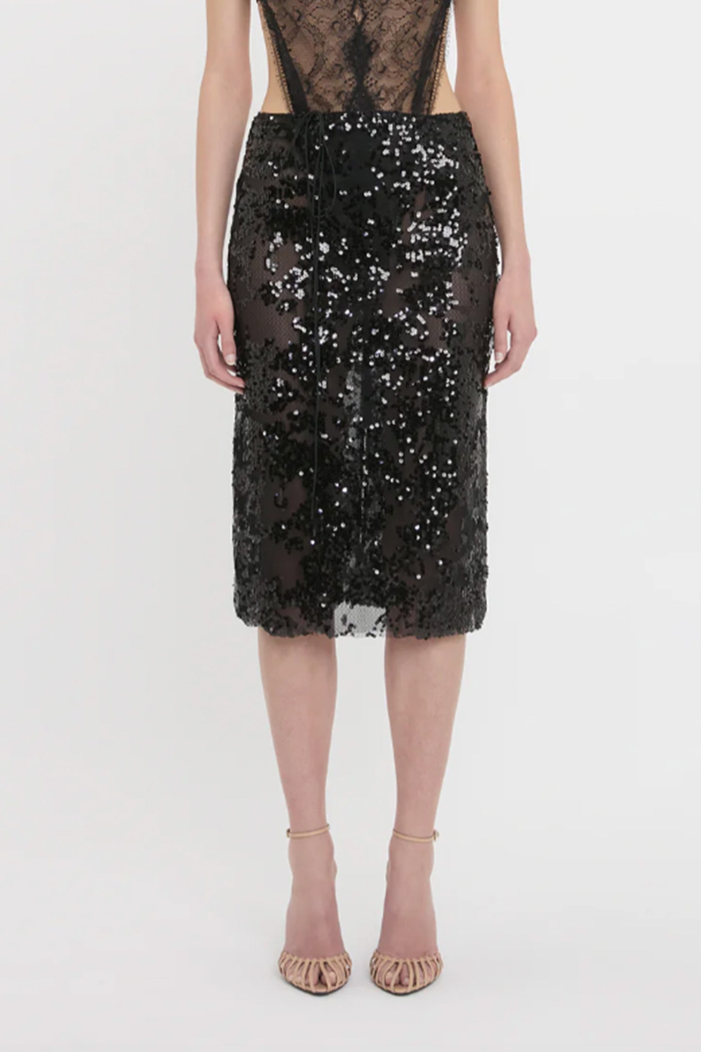 Sheer Sequin Pencil Skirt in Black