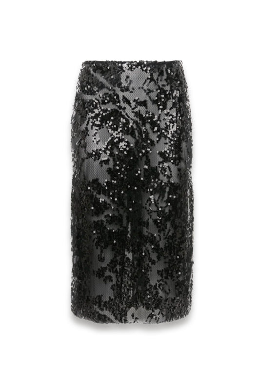 Sheer Sequin Pencil Skirt in Black