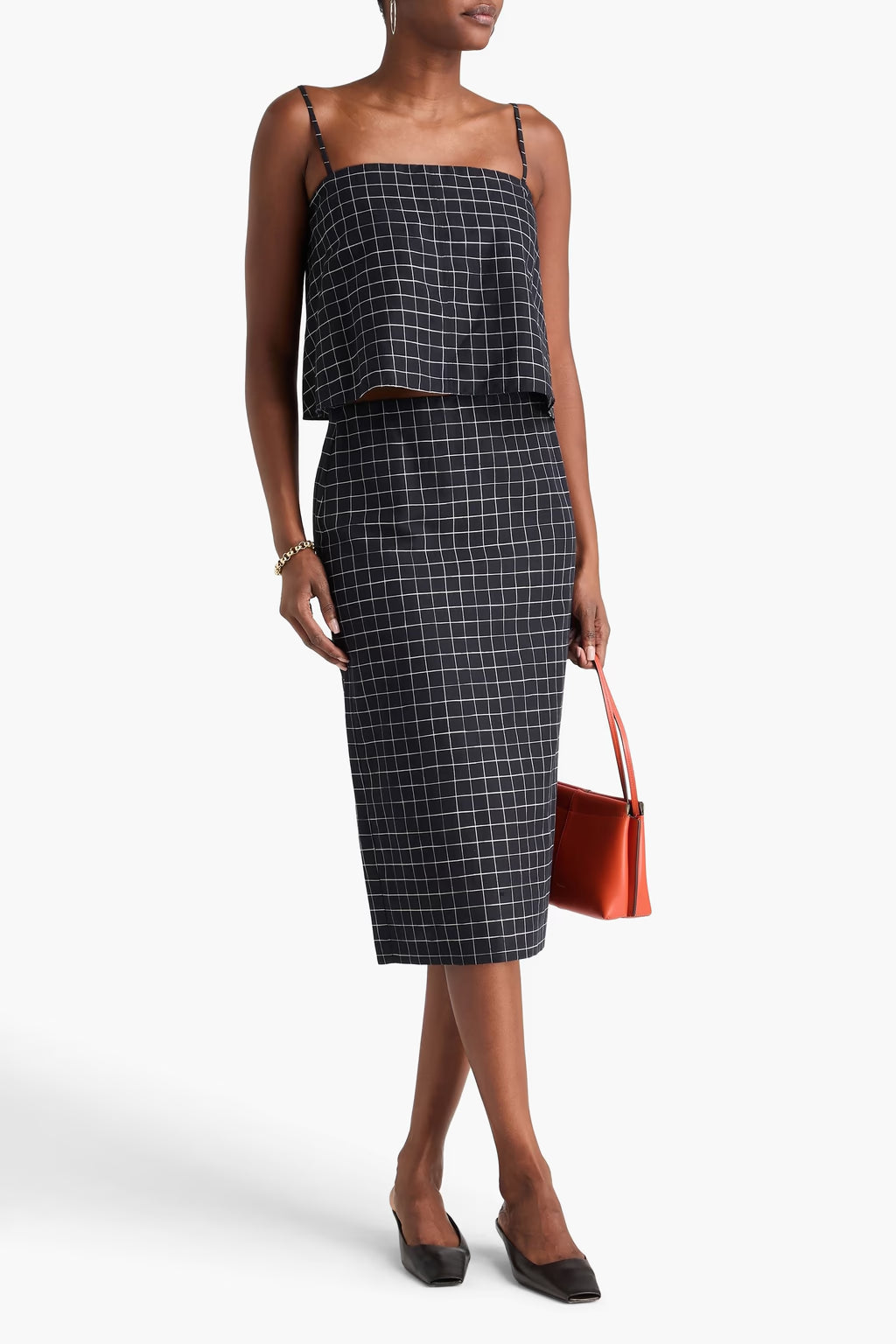 Convertible Cropped Checked Woven Top and Pencil Skirt