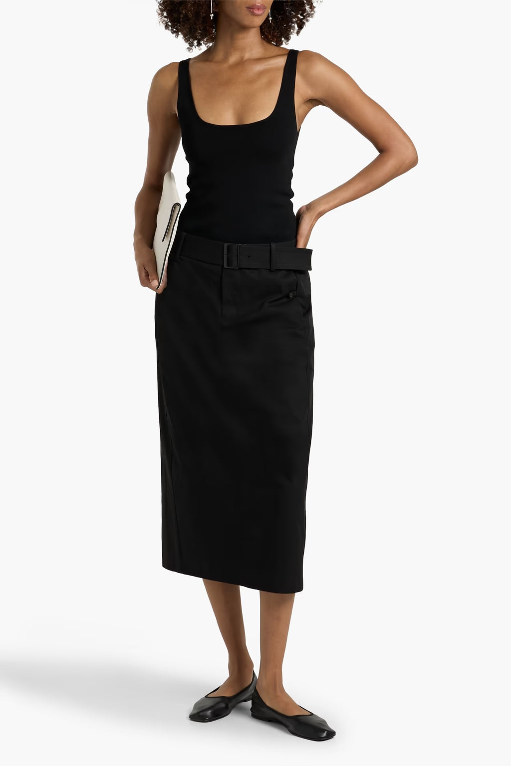Belted Cotton-twill Midi Skirt