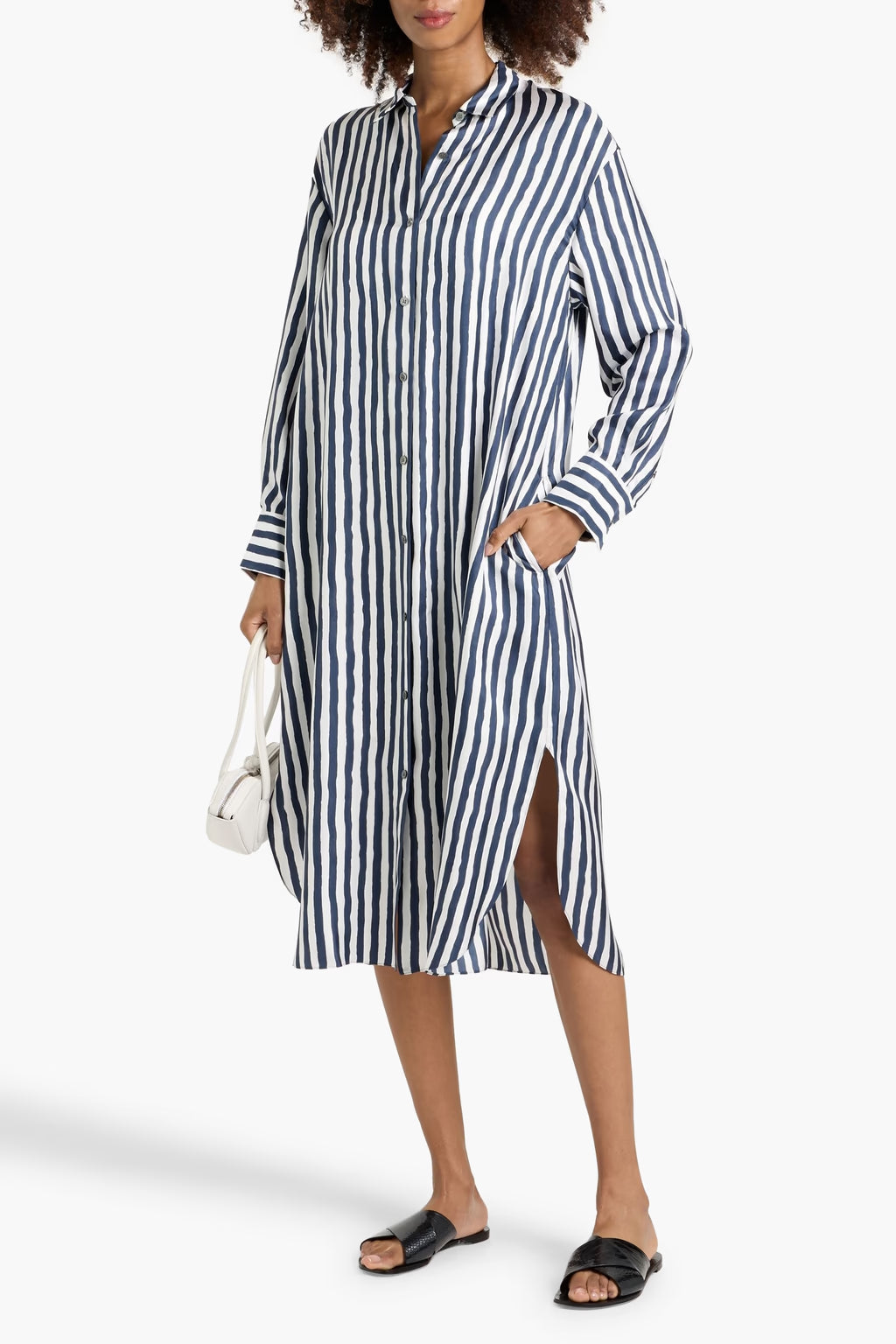 Striped Silk-twill Midi Shirt Dress
