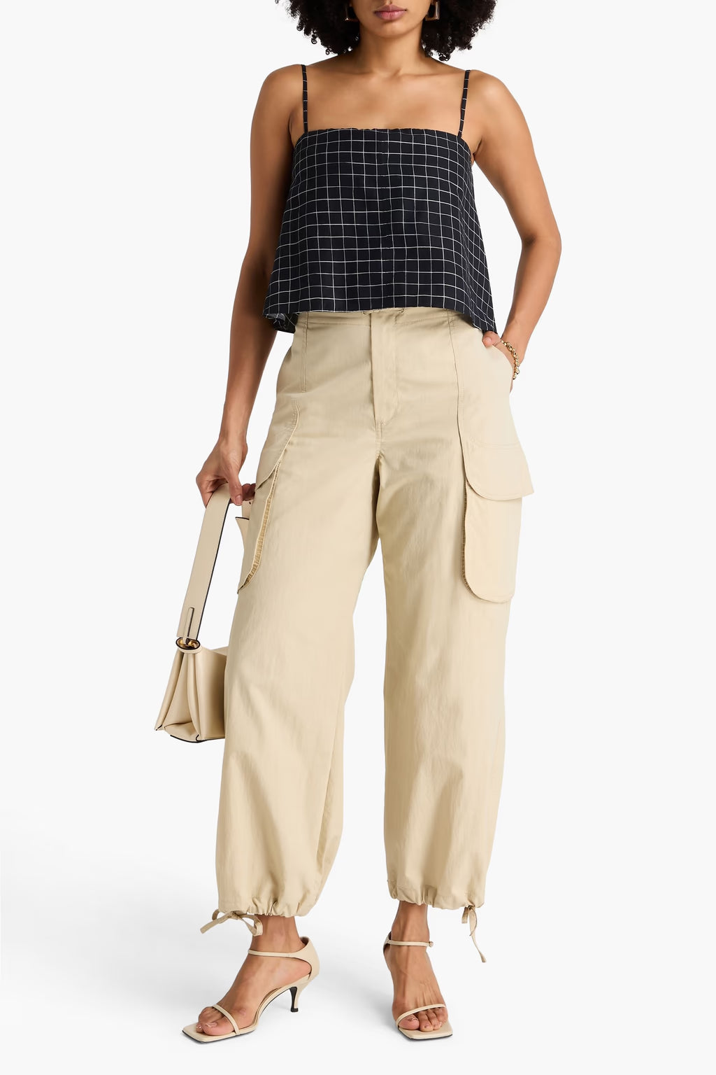 Convertible Cropped Checked Woven Top