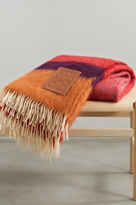 Fringed Striped Mohair and Wool-blend Blanket