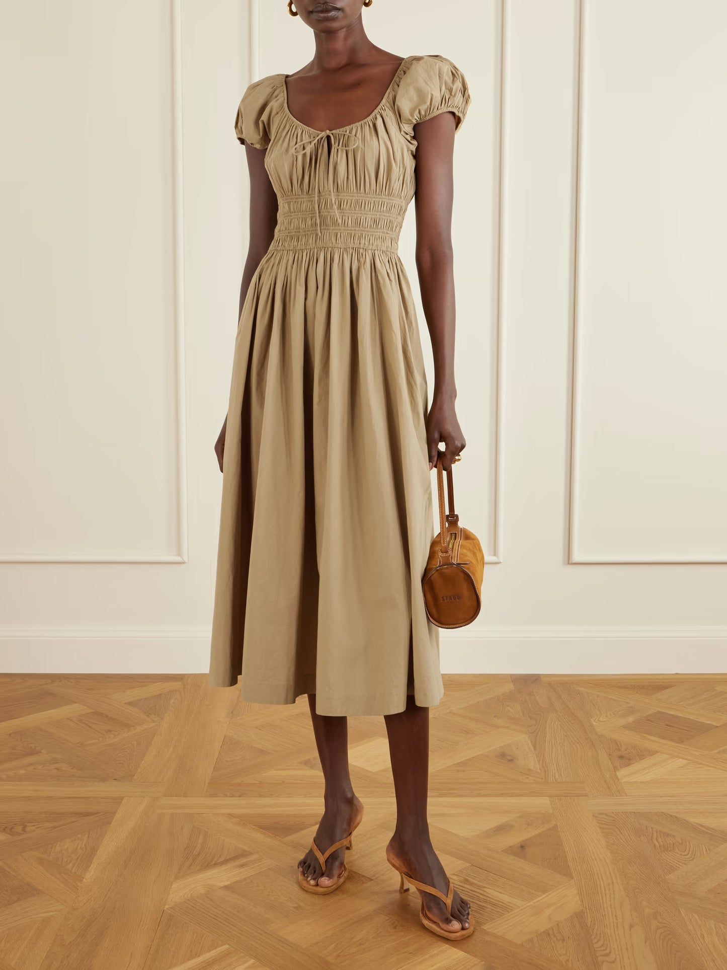 Quinn Tie-detailed Shirred Cotton-poplin Midi Dress