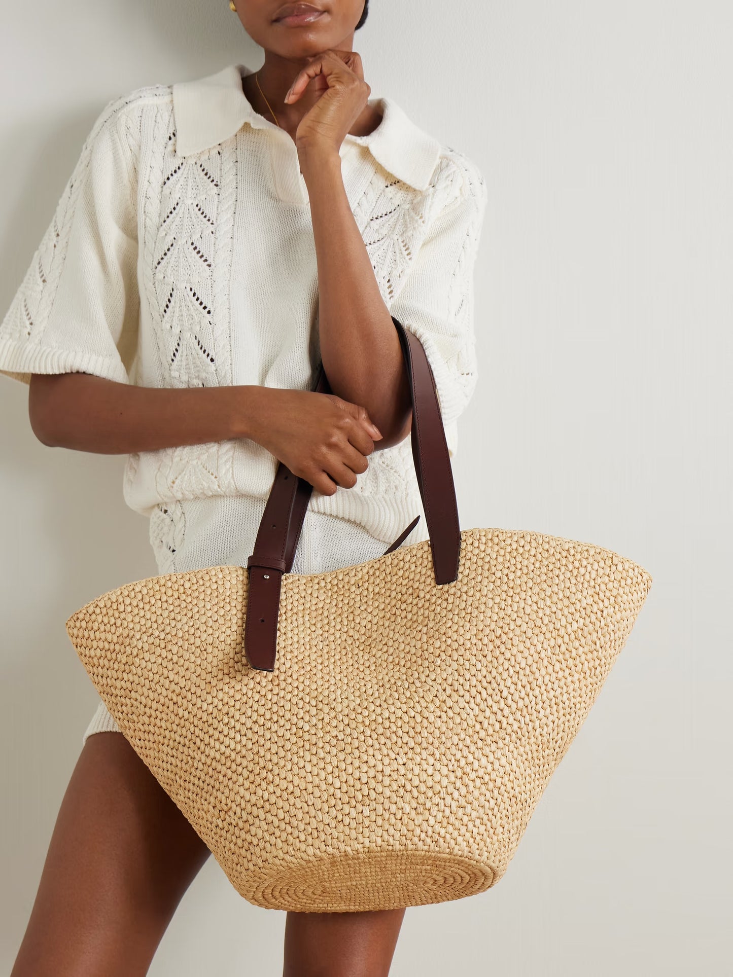 Bianca Large Leather-Trimmed Raffia Tote