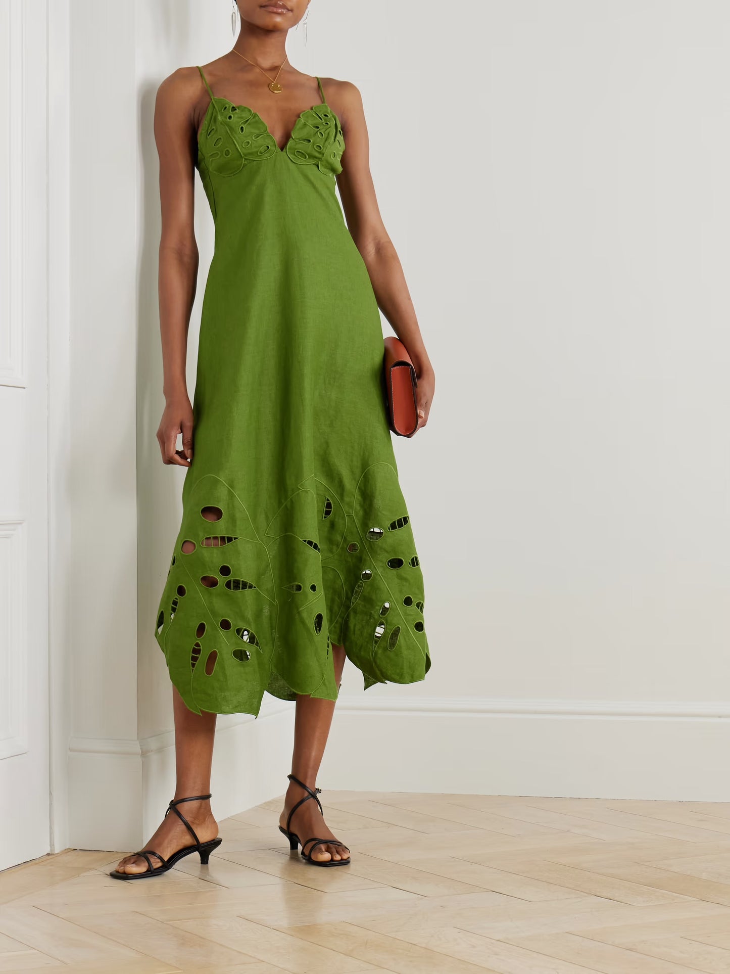 Appliquéd Broderie Anglaise Linen Midi Dress