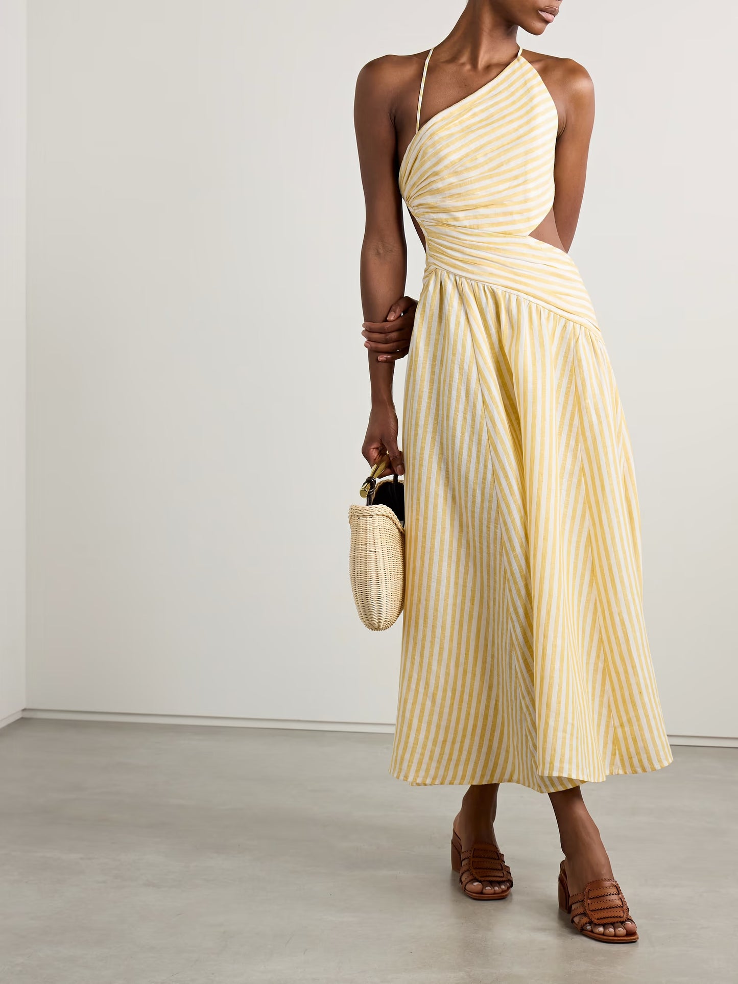 Cascadian Cutout Ruched Striped Linen Midi Dress