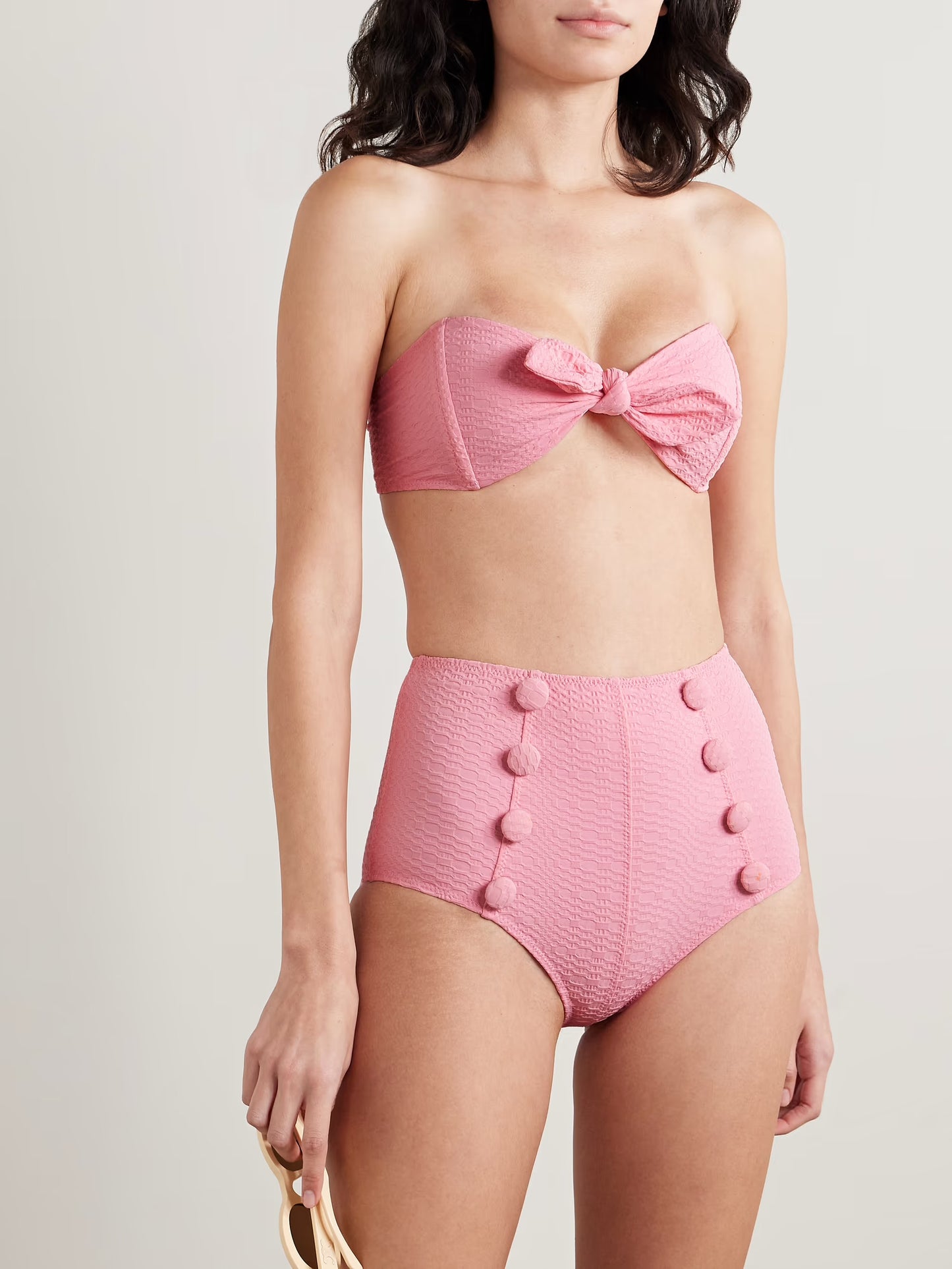 Poppy Strapless Button-Embellished Seersucker Bikini