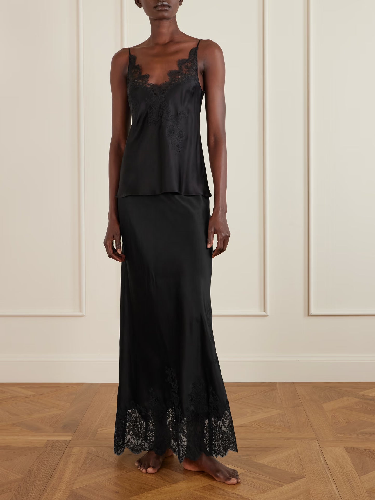 Lace-trimmed Silk-satin Midi Skirt