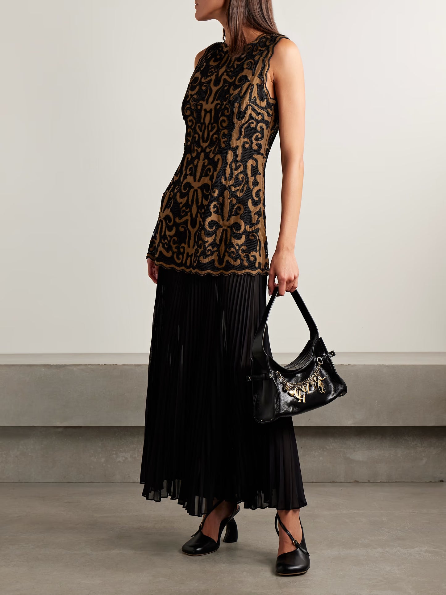 Auryn Layered Appliquéd Taffeta, Mesh and Pleated Silk-chiffon Midi Dress
