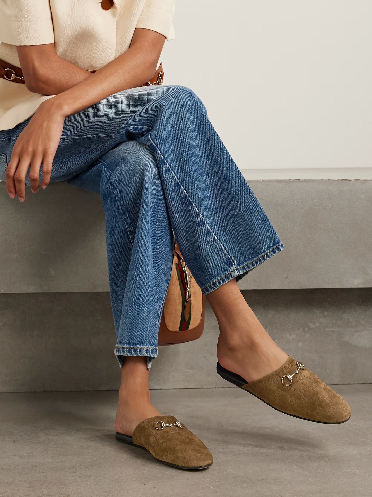 Horsebit-detailed Debossed Suede Slippers