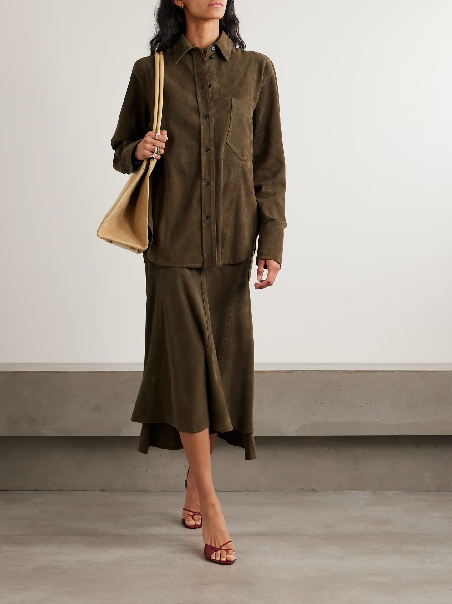 Suede Shirt and Paneled Midi Skirt Co-ord
