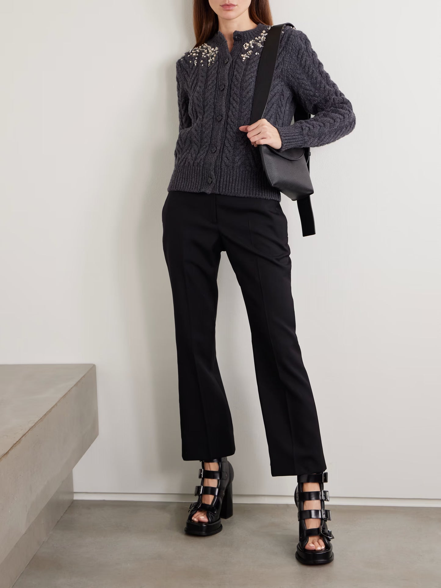Crystal-embellished Cable-knit Wool and Cashmere-blend Cardigan