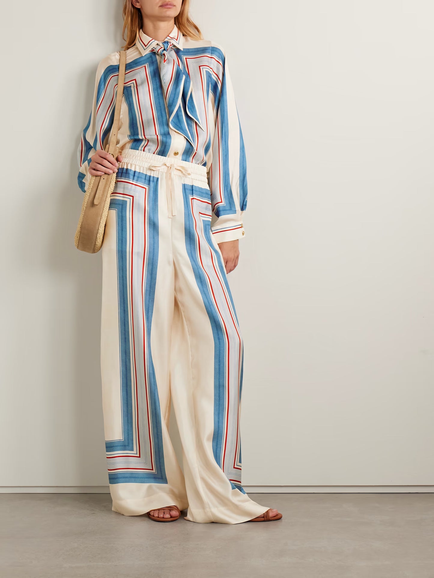 Striped Silk-Twill Wide-Leg Pants