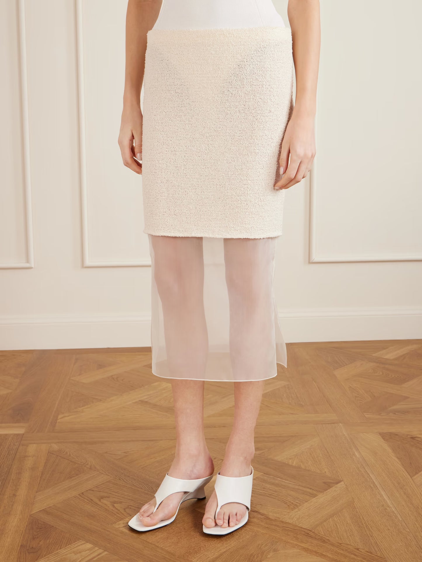 Sybil Layered Cotton-blend Bouclé and Organza Midi Skirt