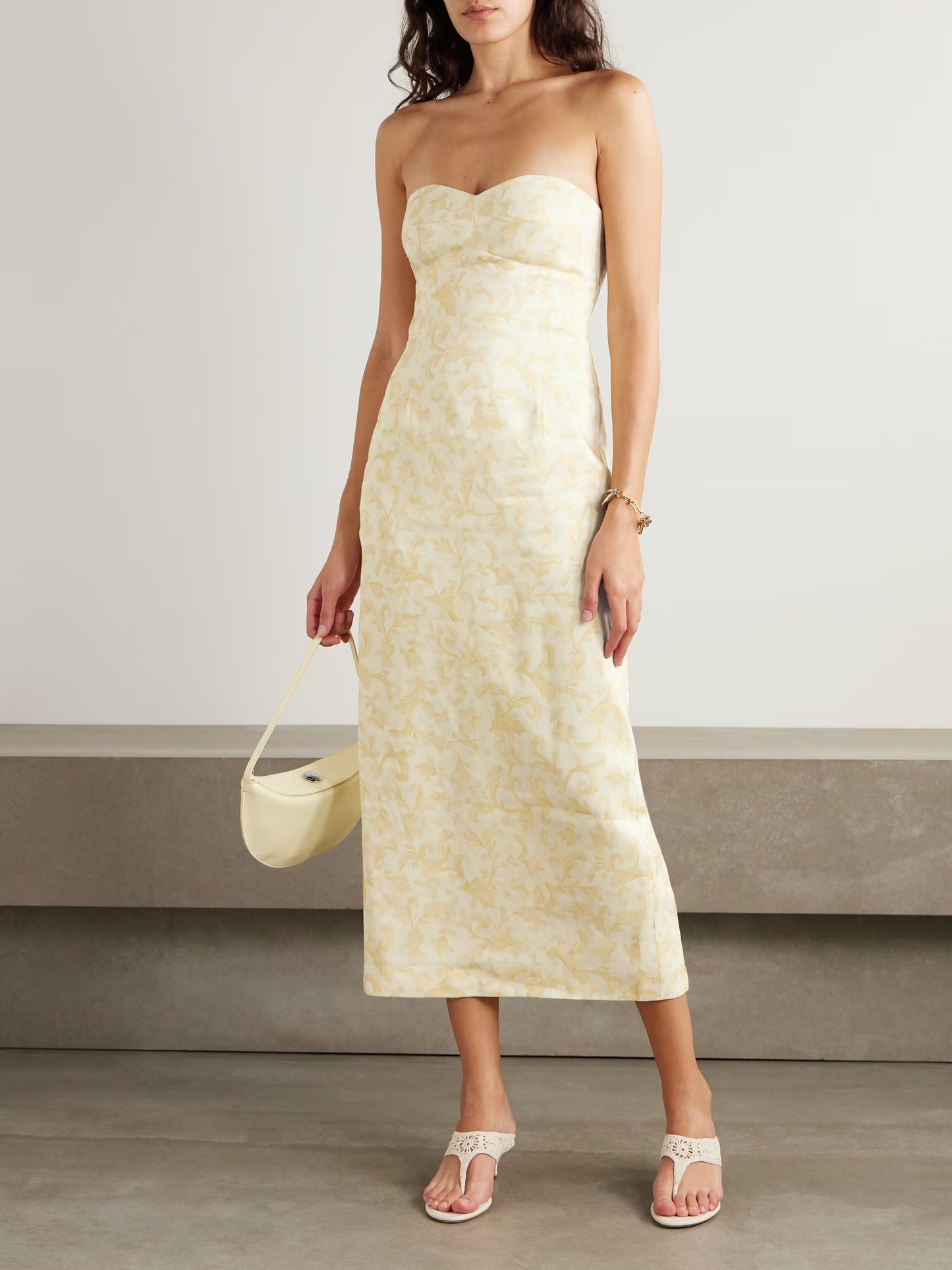 Isla Strapless Floral-print Linen and Silk-blend Midi Dress