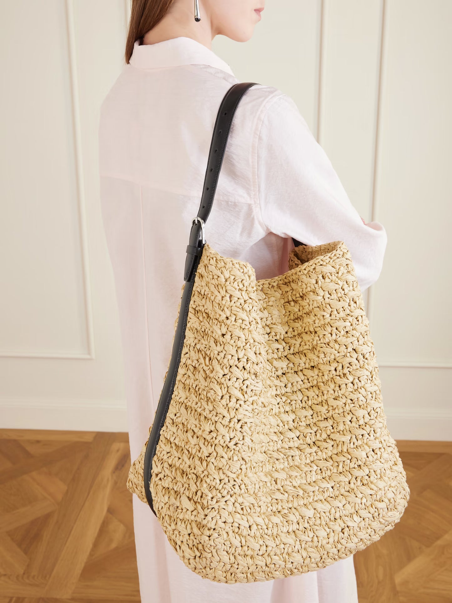 Leather-trimmed Raffia Shoulder Bag