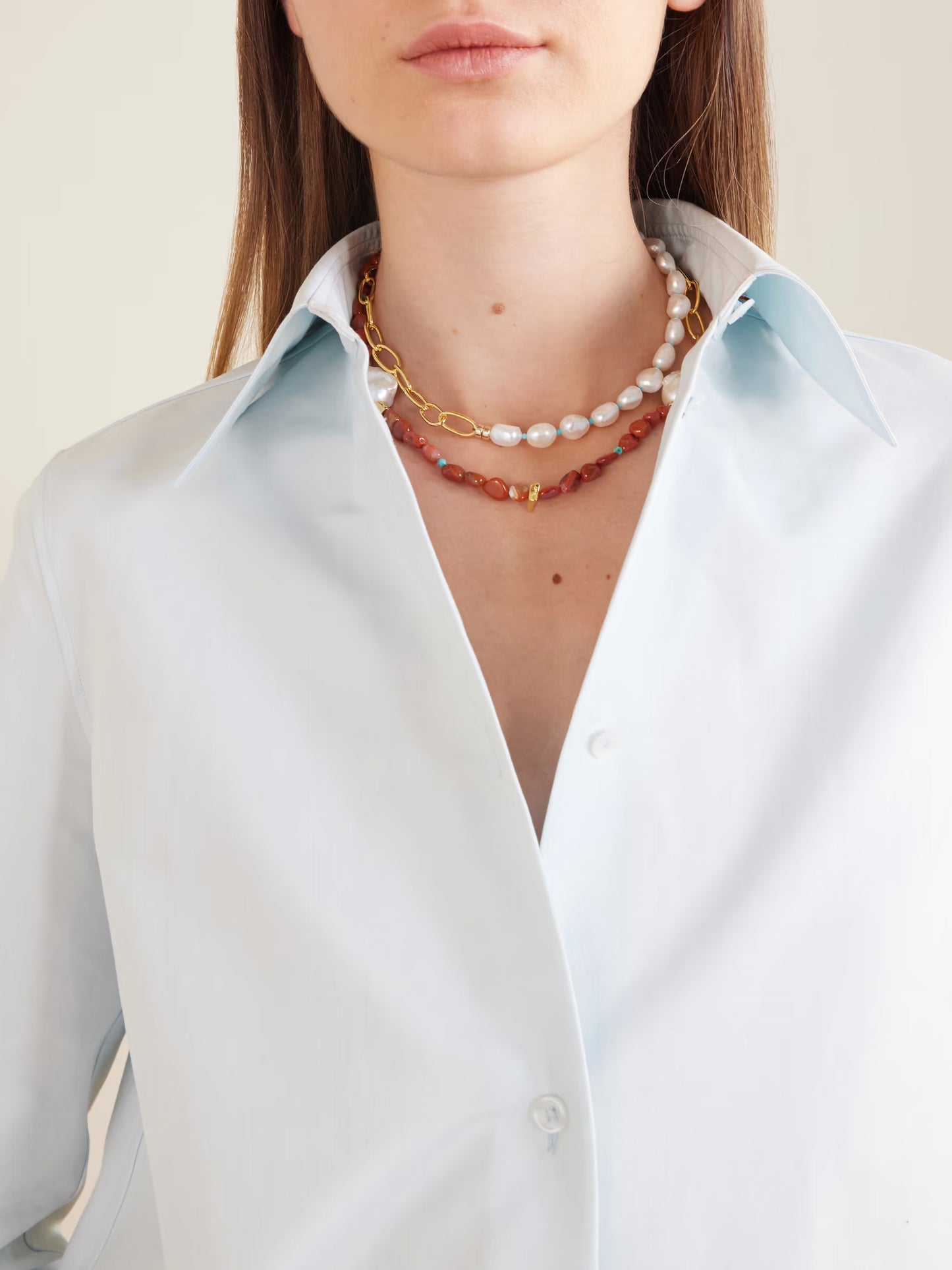 Covo Gold-Plated Freshwater Pearl, Agate and Turquoise Beaded Necklace