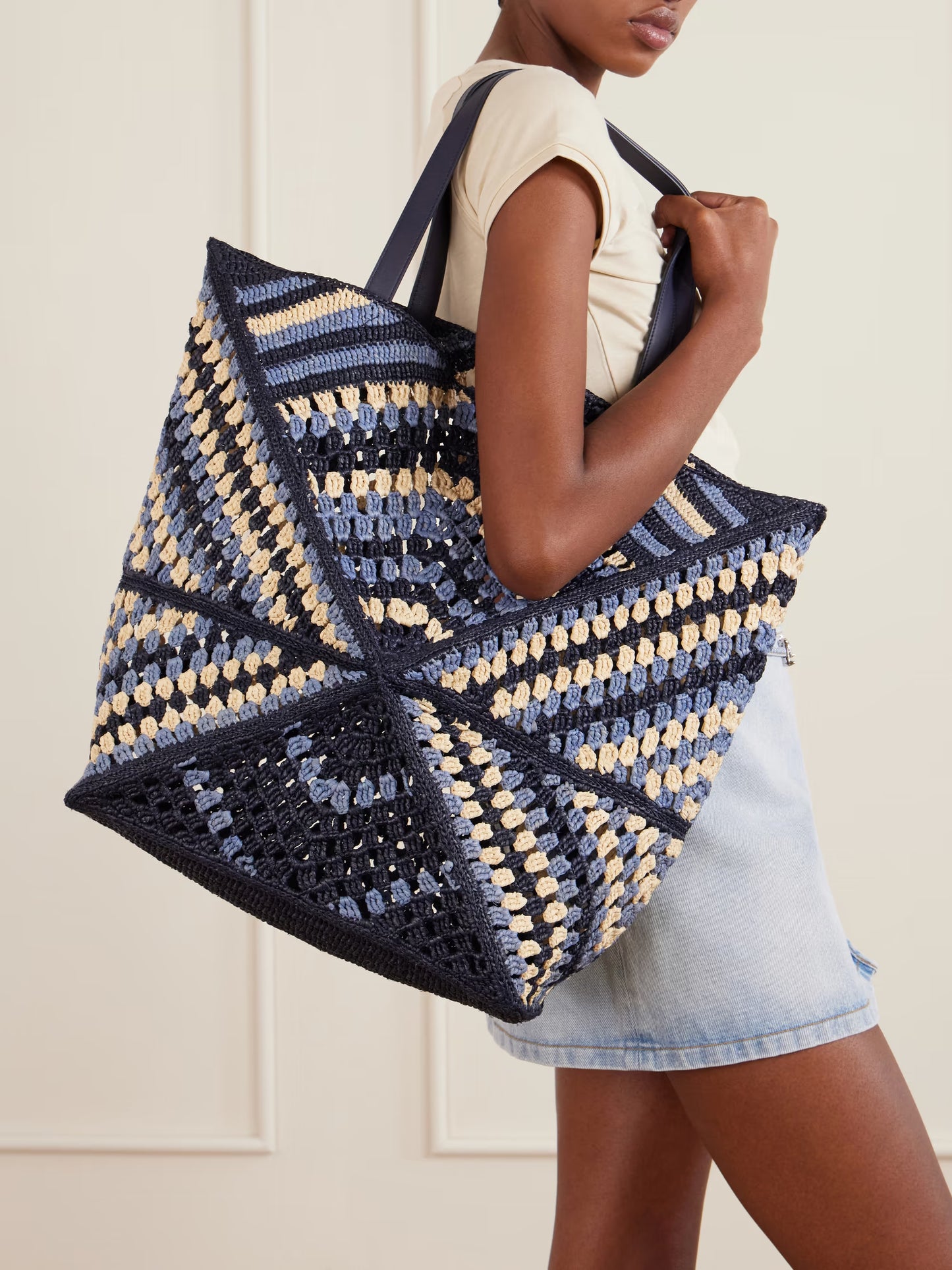 Puzzle Fold Large Leather-trimmed Raffia Shoulder Bag