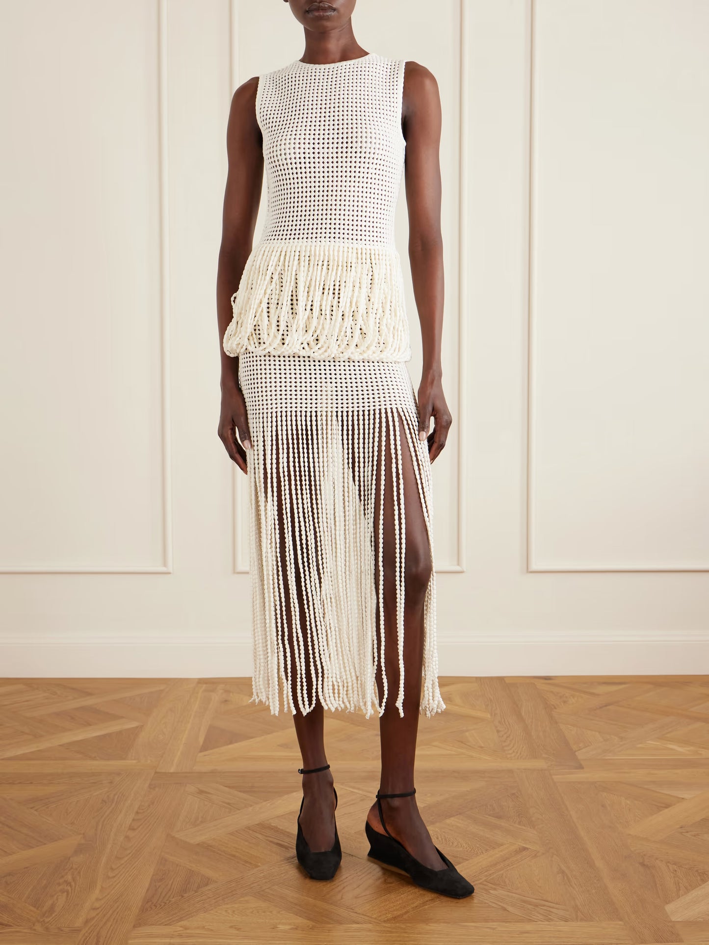 Knitted Fringed Midi Skirt