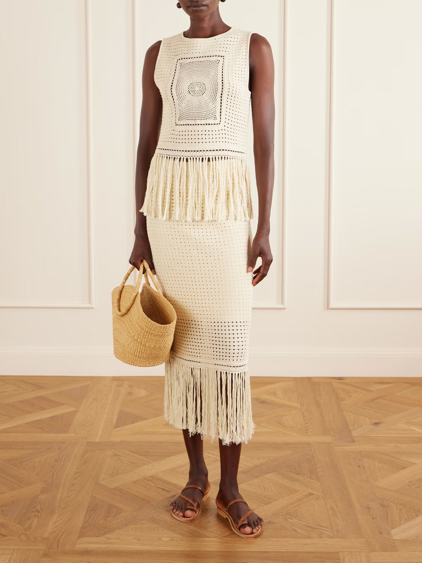 Indra Fringed Crocheted Cotton Maxi Skirt