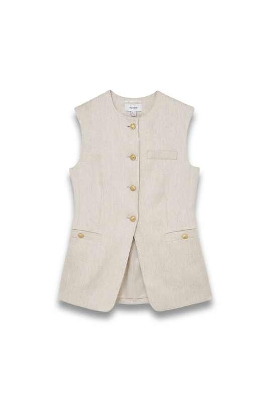 Linen-blend Textured Longline Waistcoat in Neutral