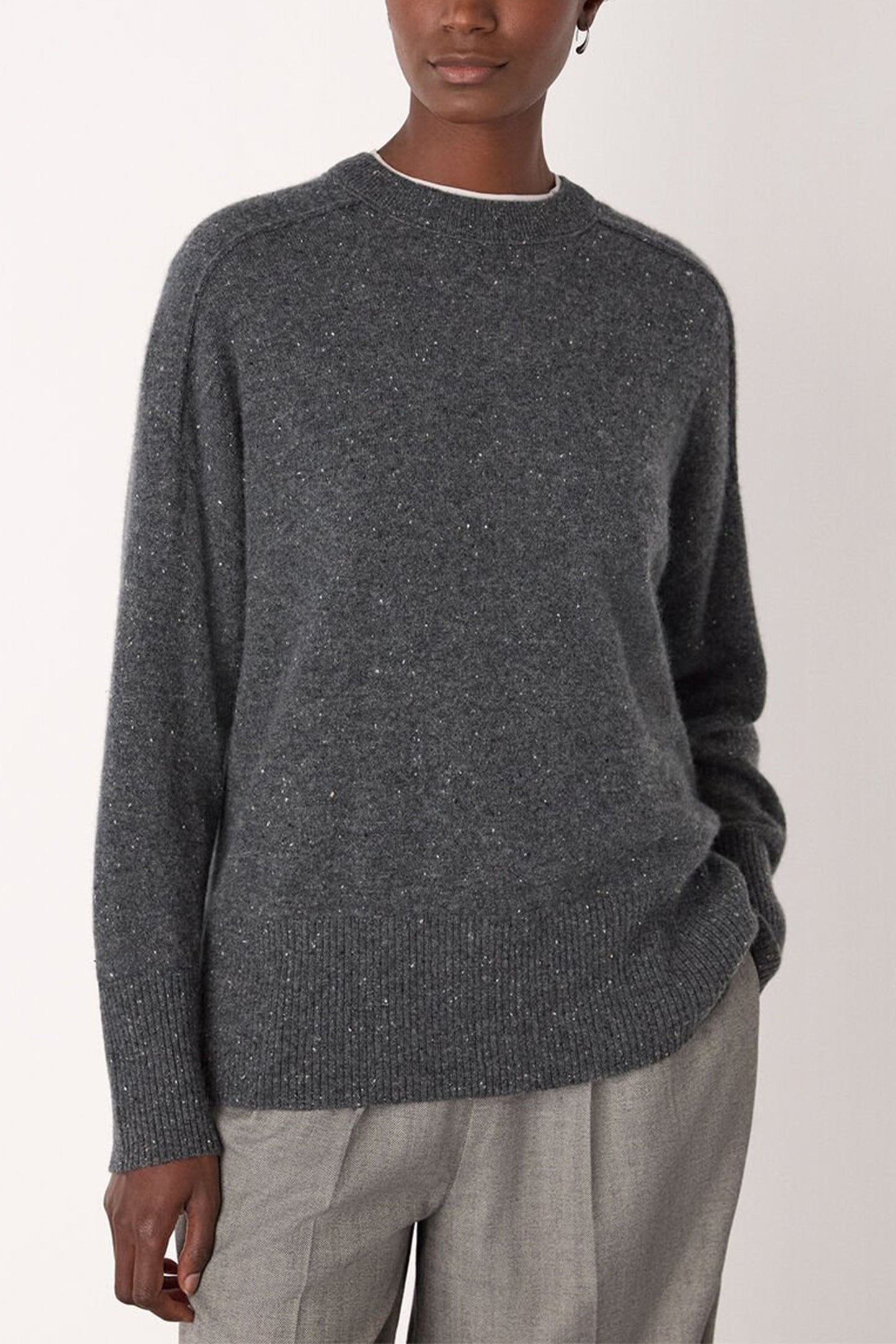 Dark Grey Cashmere Fleck Crew Neck Knit