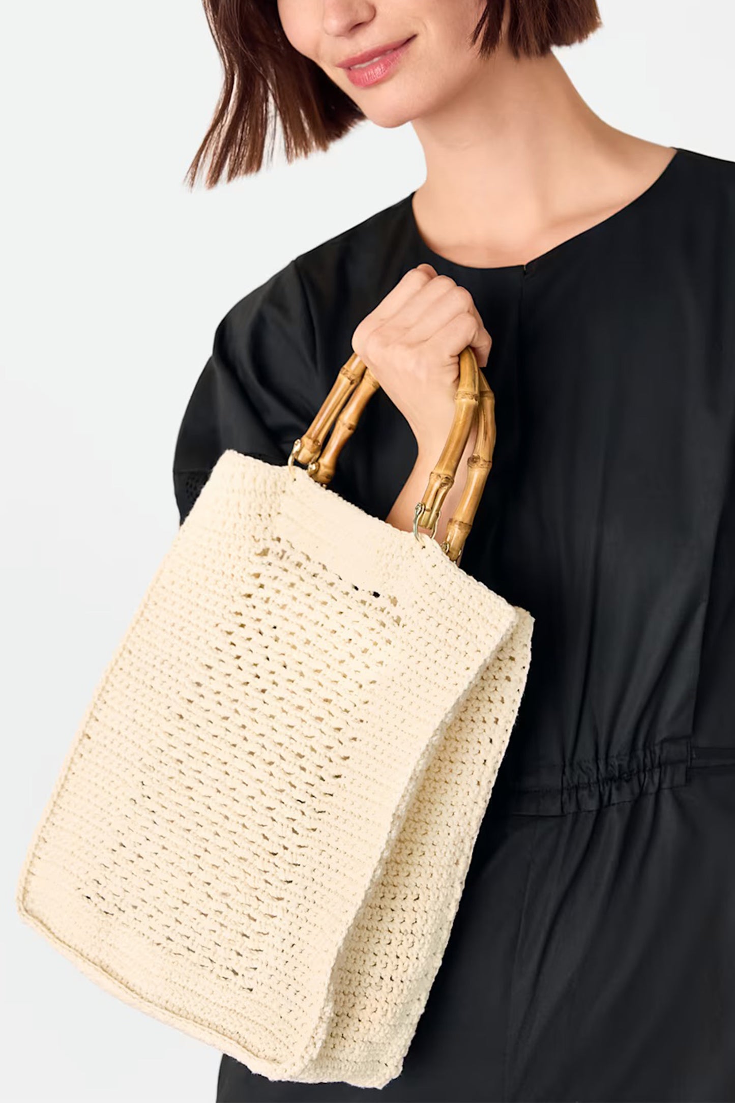 Cream Bamboo Handle Crochet Bag
