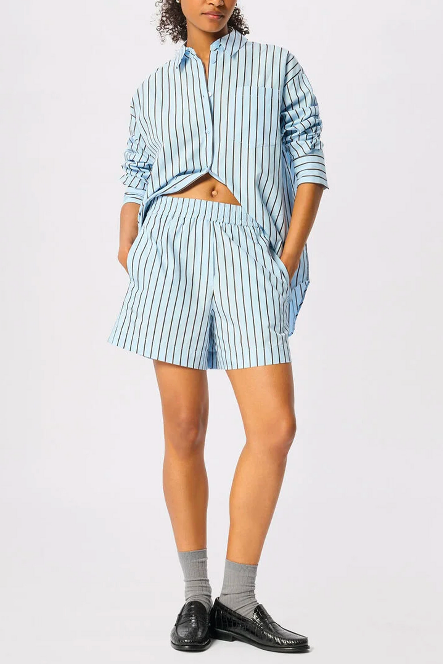 Blue Cotton Poplin Stripe Shirt and Shorts