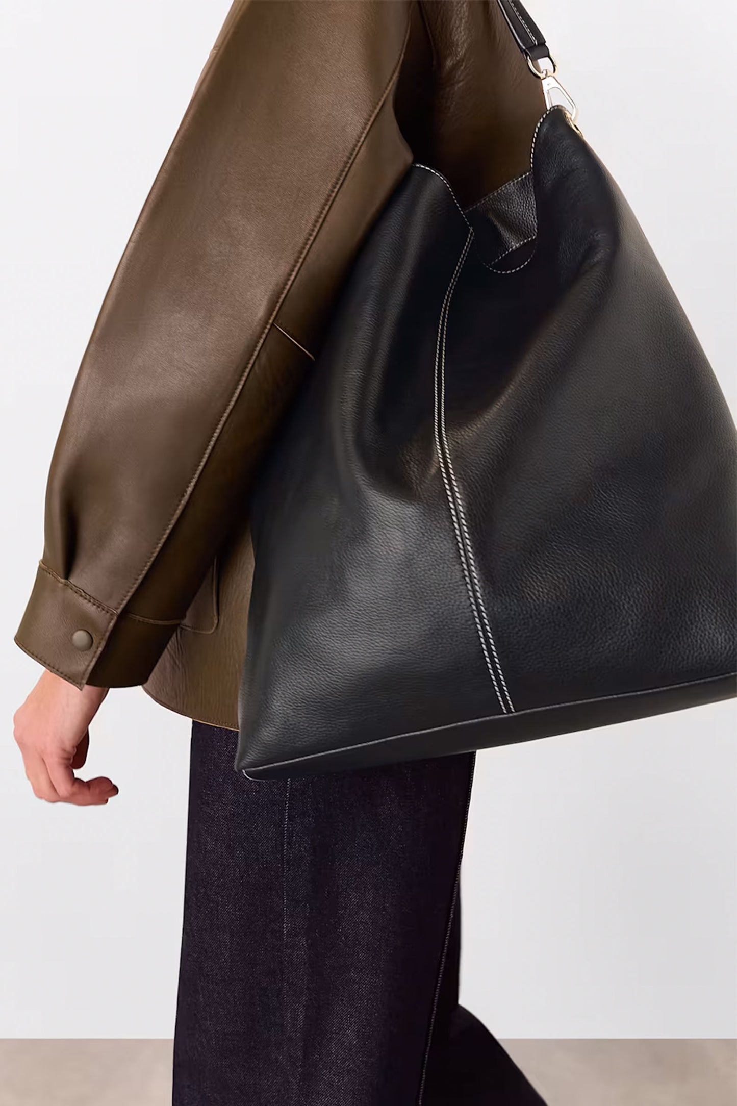 Black Kamil Contrast Stitch Tote Bag