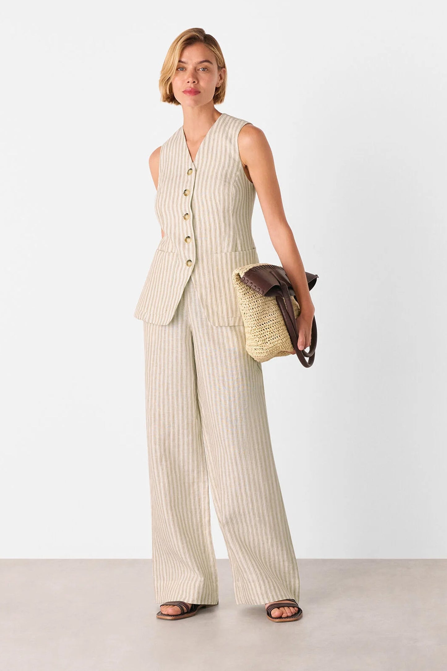 Neutral Linen Stripe Waistcoat and Trousers