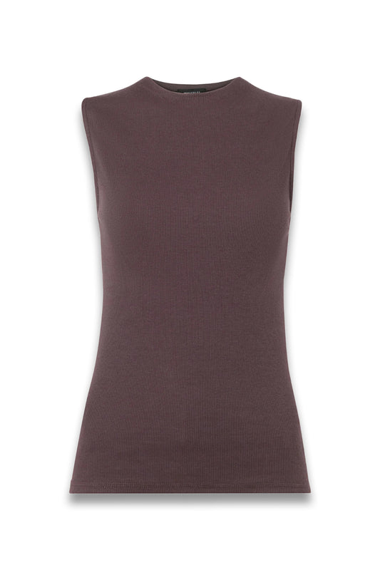 Brown High Neck Rib Detail Tee