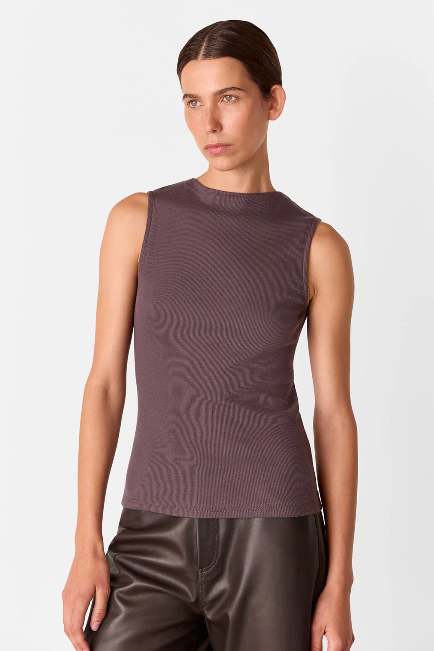 Brown High Neck Rib Detail Tee