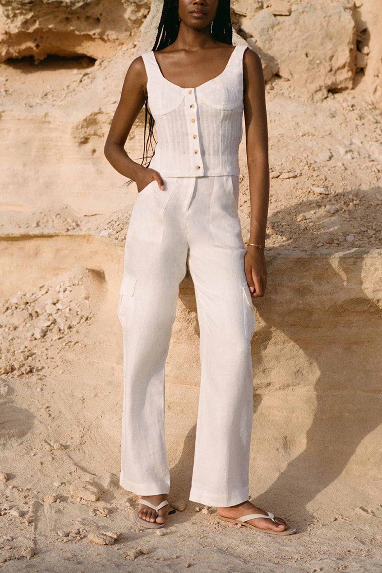 The Carolina Linen Cargo Trousers in Off-white
