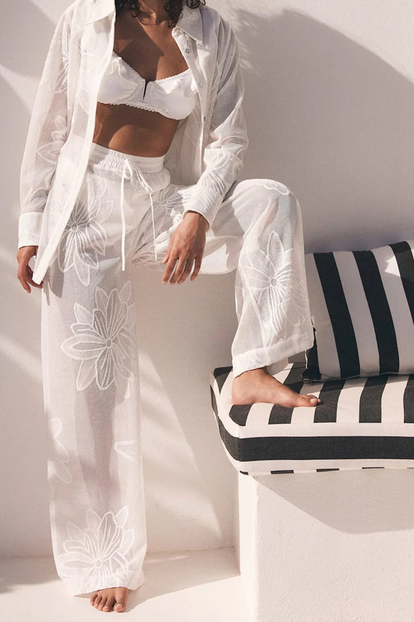 White Floral Mesh Wide Trousers