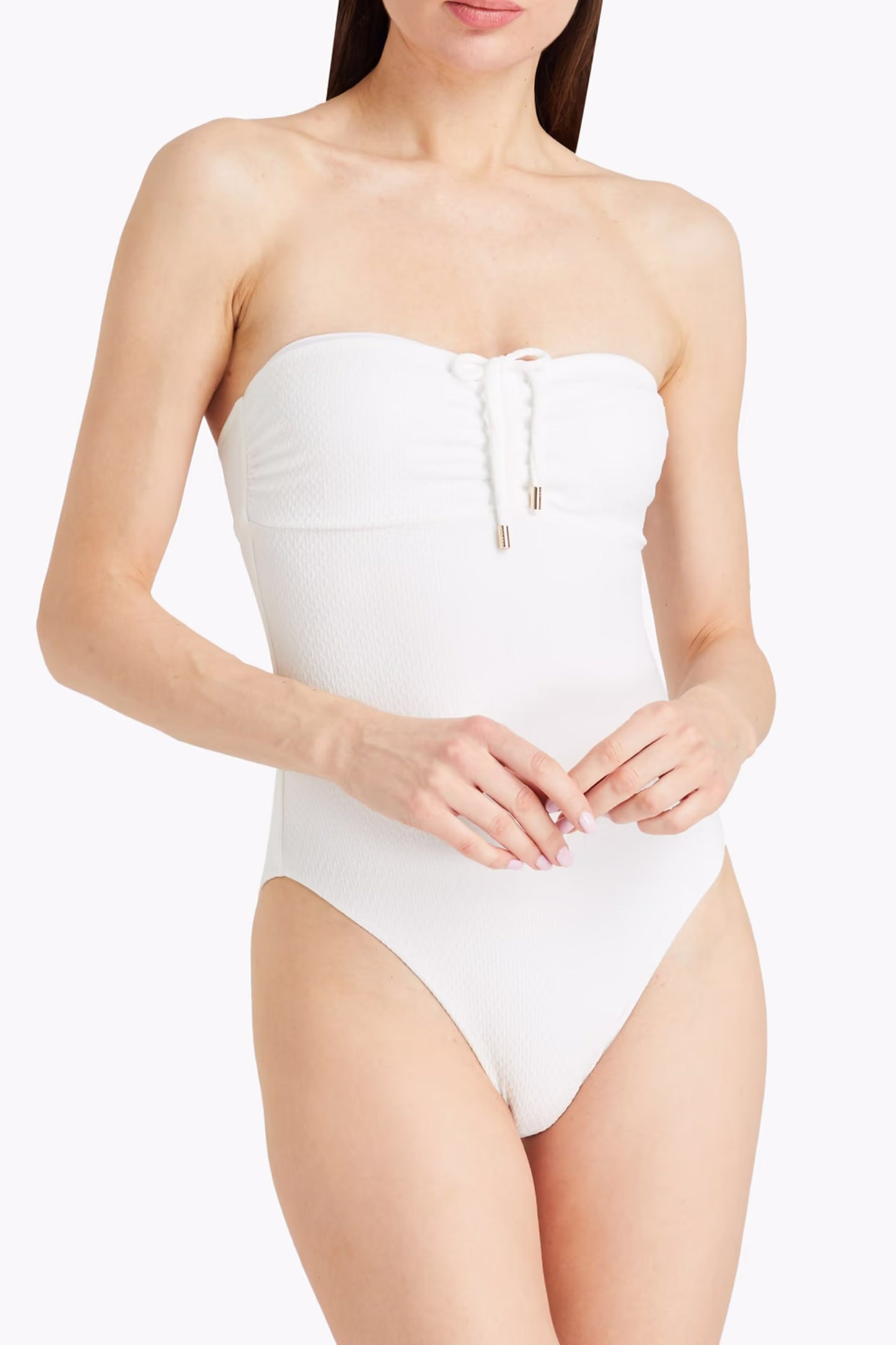 St. Kitts Ruched Cutout Seersucker Bandeau Swimsuit
