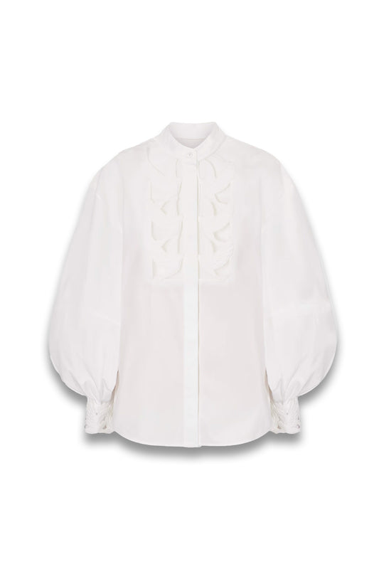 Luna embroidered mesh-paneled cotton-poplin blouse