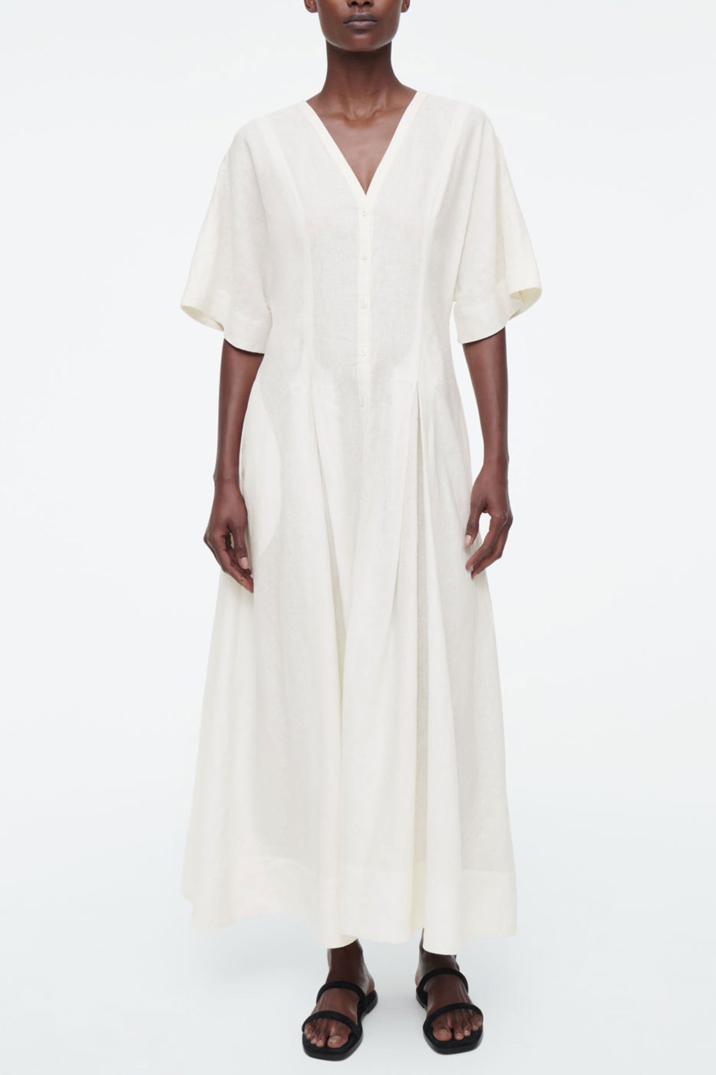 Pleated A-line Midi Shirt Dress