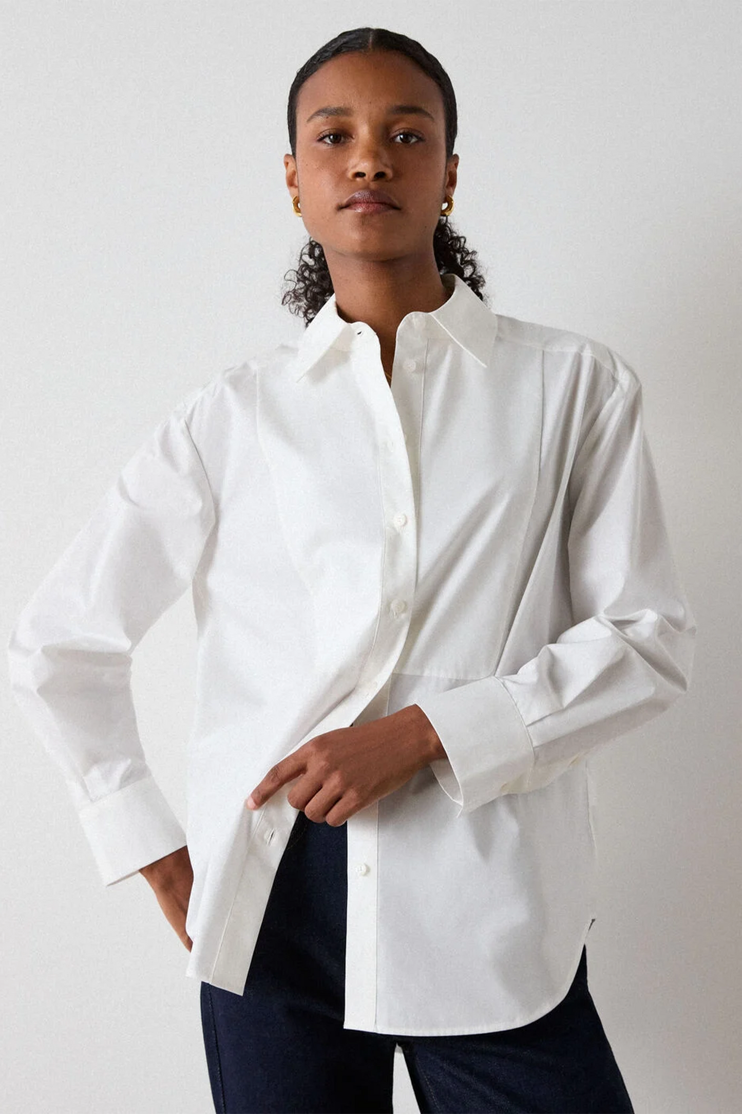 White Bib Detail Cotton Poplin Shirt