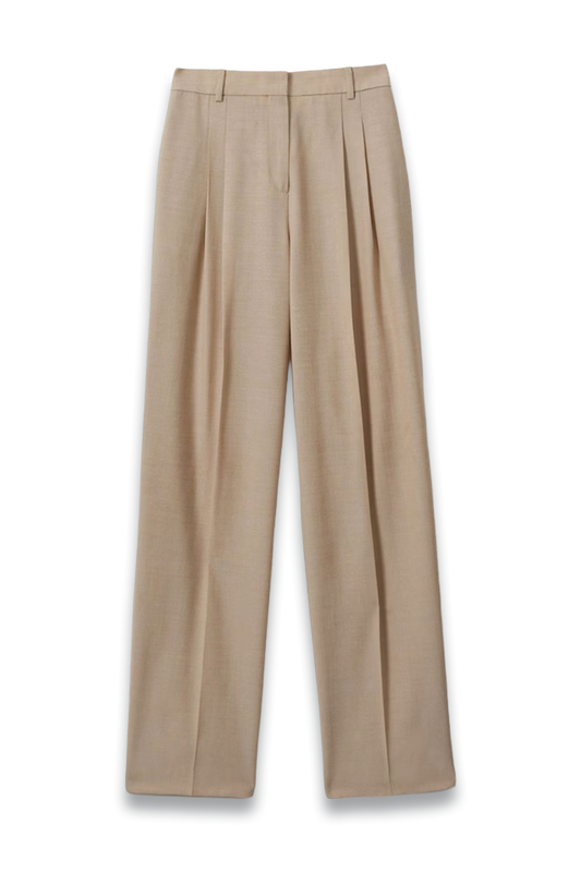 Sadie Wool Pleat Front Wide Leg Suit Trousers in Neutral