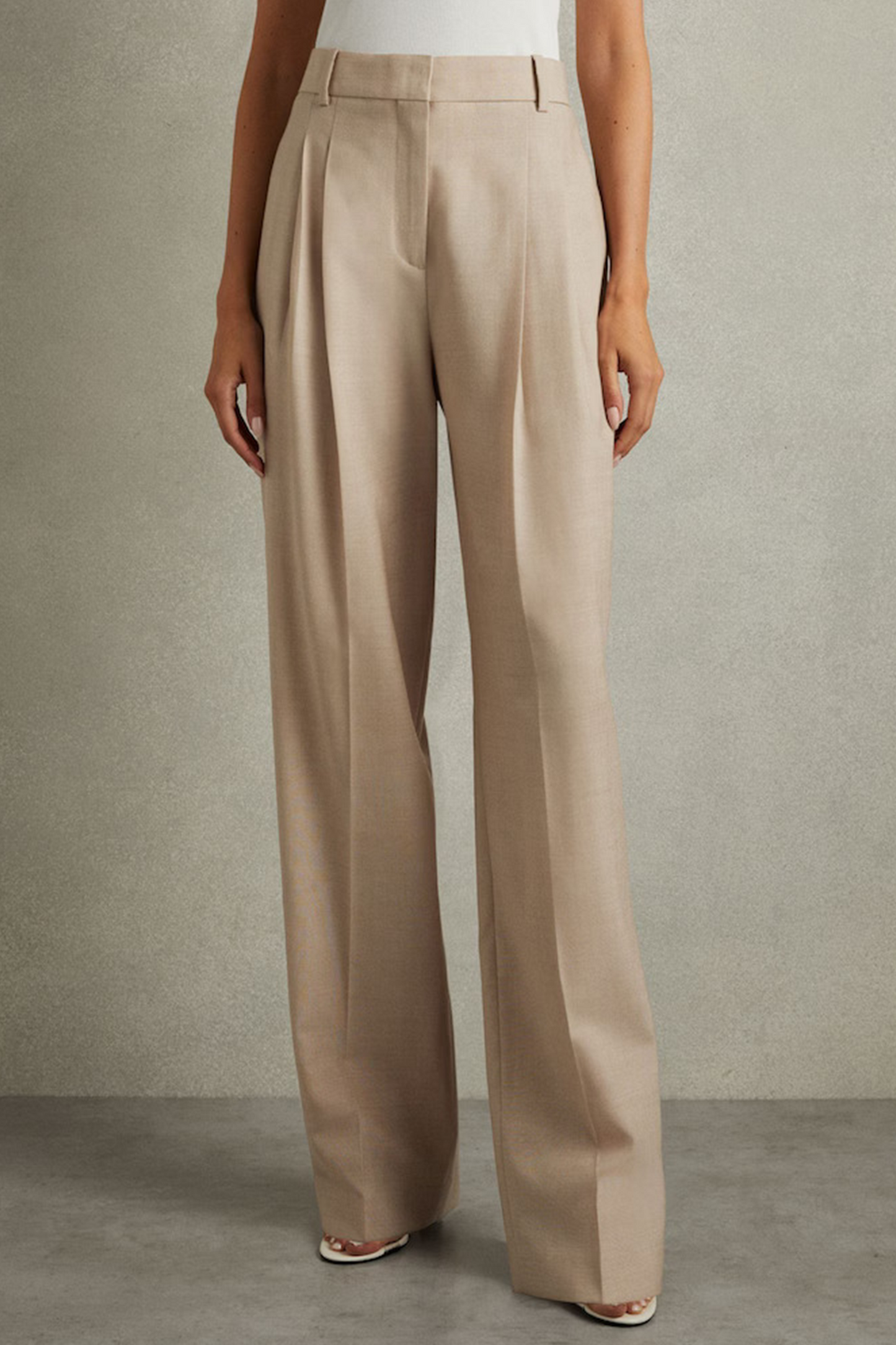 Sadie Wool Pleat Front Wide Leg Suit Trousers in Neutral