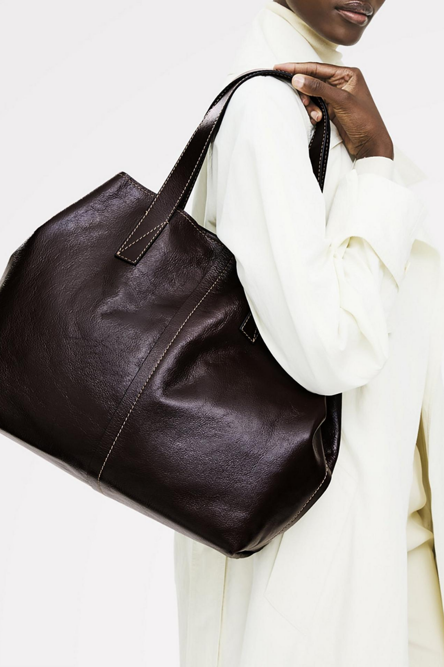 Broadway Market Oversized Leather Shoulder Bag in Dark Oak