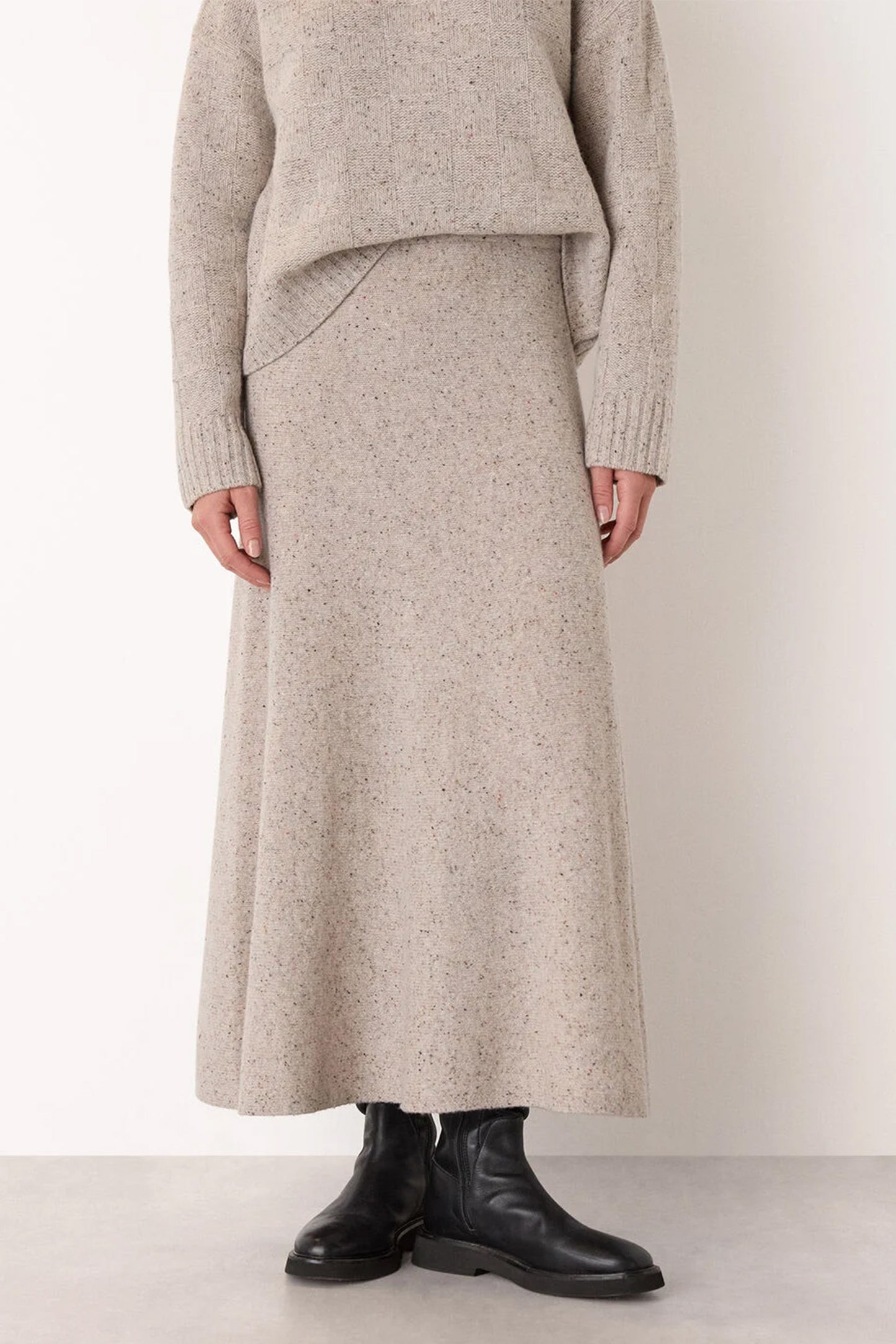 Neutral Wool Textured Midi Skirt